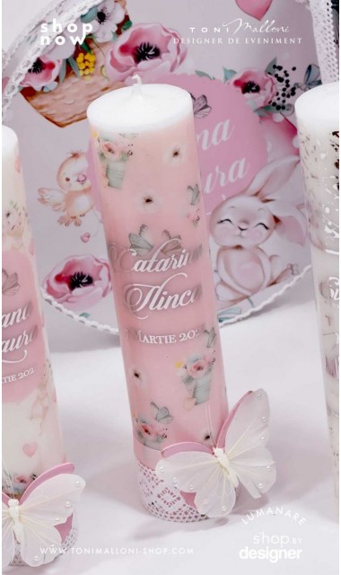 Lumanare botez scurta cu fluturi si print folio silver argintiu Spring Butterfly 3
